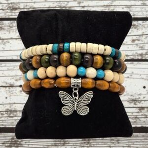 Boho Beaded Stacked Bracelets Set 4 Butterfly Charm Wooden Turquoise Jewelry NWT